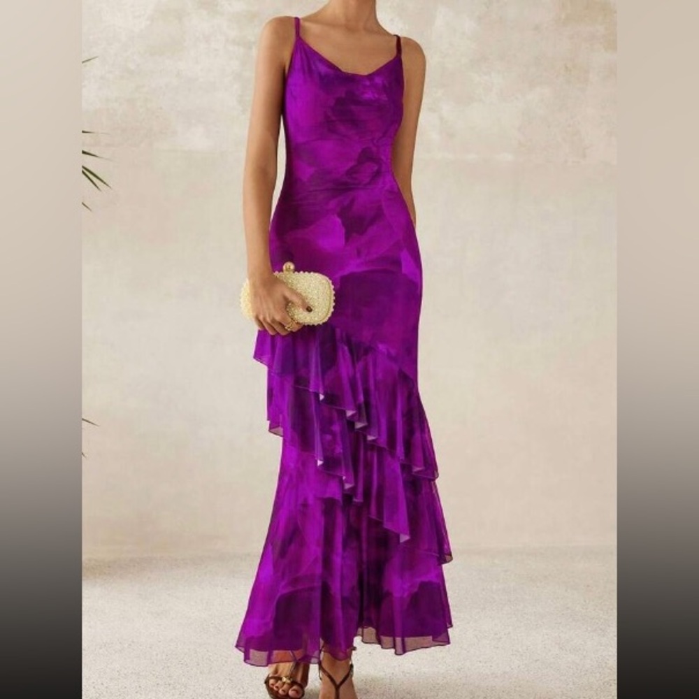 Sleeveless Purple Floral Ruffled Maxi Dress - Picture 3 of 5